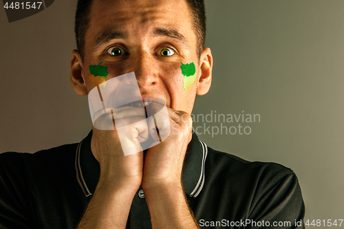 Image of Portrait of a man with the flag of the Brazil painted on him face.