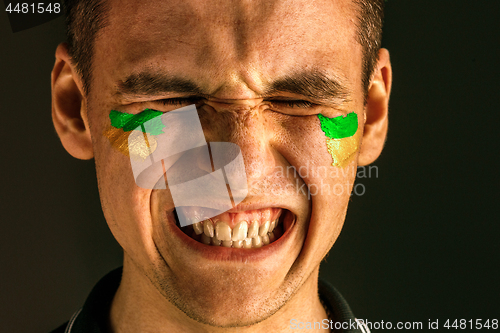 Image of Portrait of a man with the flag of the Brazil painted on him face.