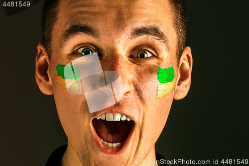 Image of Portrait of a man with the flag of the Brazil painted on him face.