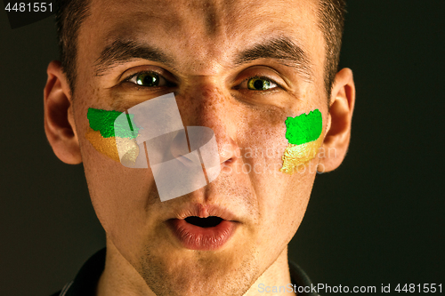 Image of Portrait of a man with the flag of the Brazil painted on him face.