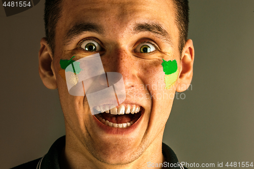 Image of Portrait of a man with the flag of the Brazil painted on him face.