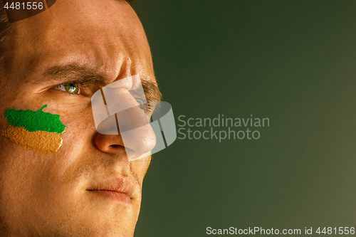 Image of Portrait of a man with the flag of the Brazil painted on him face.