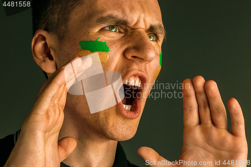 Image of Portrait of a man with the flag of the Brazil painted on him face.