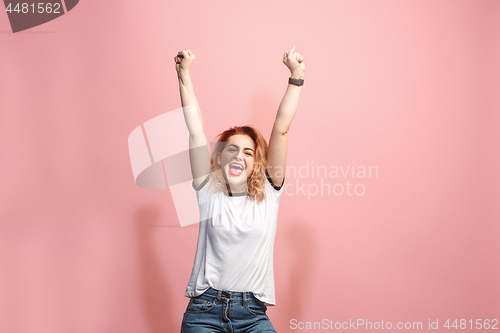 Image of Winning success woman happy ecstatic celebrating being a winner. Dynamic energetic image of female model