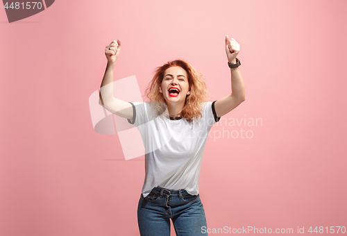 Image of Winning success woman happy ecstatic celebrating being a winner. Dynamic energetic image of female model