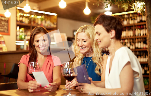 Image of women looking at bill at wine bar or restaurant