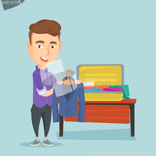 Image of Young man packing his suitcase vector illustration