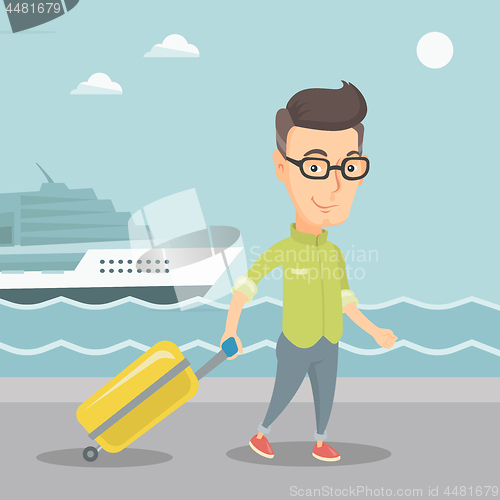 Image of Passenger going to shipboard with suitcase.