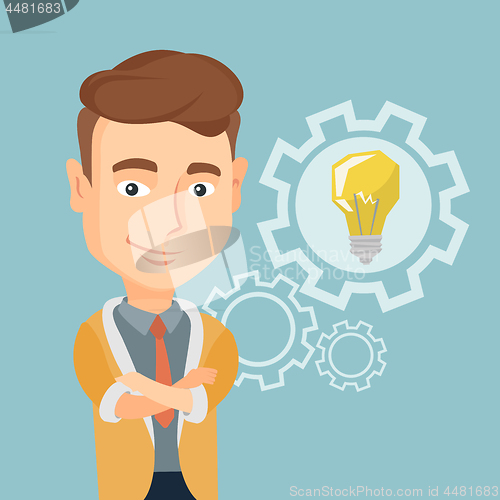 Image of Man with business idea bulb in gear.