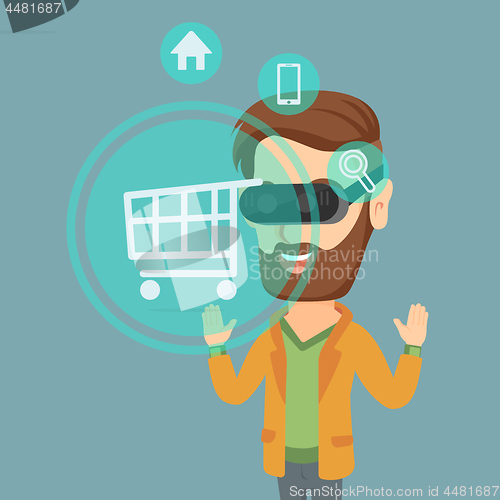 Image of Man in virtual reality headset shopping online.