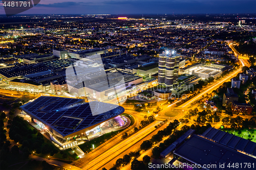 Image of Aerial view of BMW Museum and BWM Welt and factory. Munich, Germany