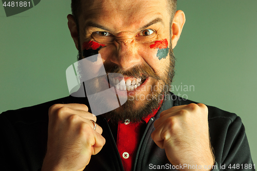 Image of Portrait of a man with the flag of the Germany painted on him face.