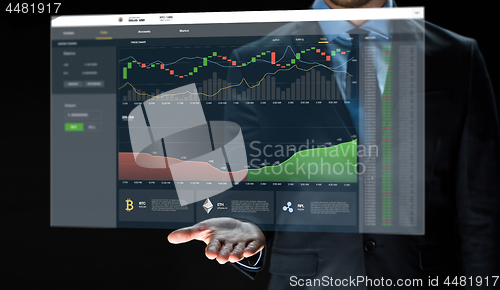 Image of businessman with cryptocurrency on virtual screen