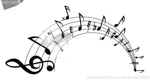 Image of Wavy musical staff with notes on a white background. Vector