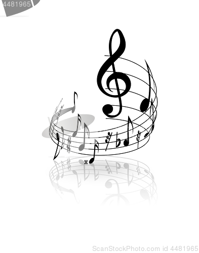 Image of Wavy musical staff with notes on a white background. Vector