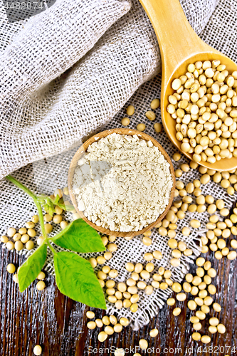 Image of Flour soy in bowl with spoon on board top