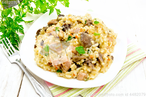 Image of Risotto with mushrooms and chicken on napkin