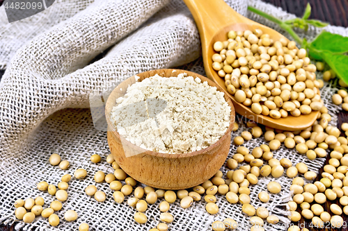 Image of Flour soy in bowl with spoon on dark board