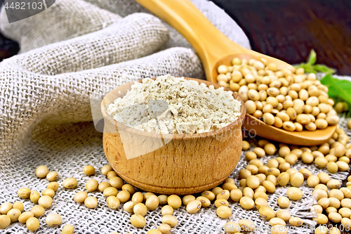 Image of Flour soy in bowl with spoon on board