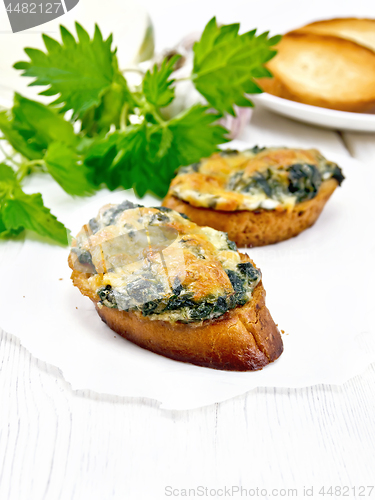 Image of Sandwich of nettle and cheese on wooden board