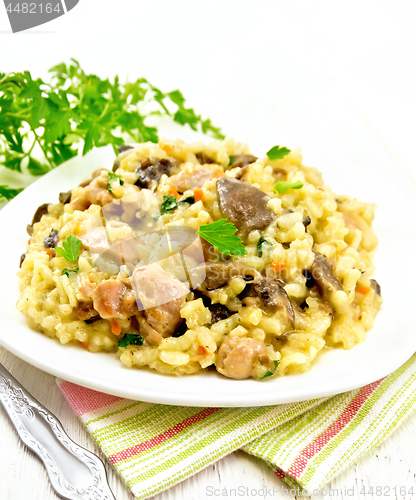 Image of Risotto with mushrooms and chicken on towel