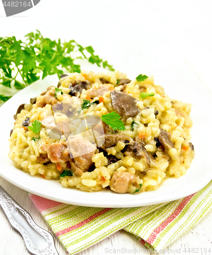 Image of Risotto with mushrooms and chicken on towel