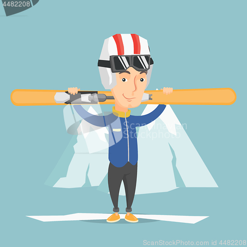 Image of Man holding skis vector illustration.