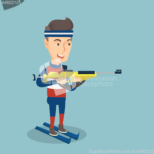 Image of Cheerful biathlon runner aiming at the target.