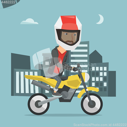 Image of Man riding motorcycle at night vector illustration