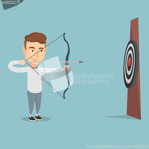 Image of Bowman aiming with a bow and arrow at the target.
