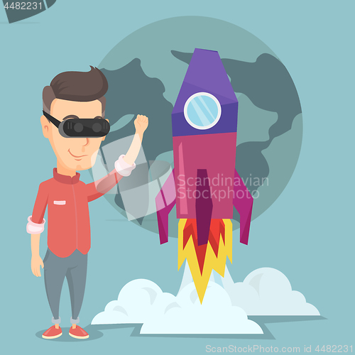 Image of Man in vr headset flying in open space.