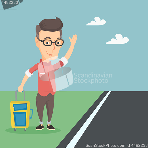 Image of Young man hitchhiking vector illustration.