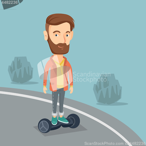 Image of Man riding on self-balancing electric scooter.