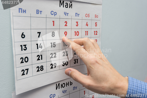 Image of Office worker\'s hand indicates May holidays on a wall calendar sheet