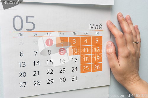 Image of Hand next to the wall calendar
