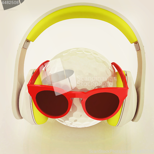 Image of Golf Ball With Sunglasses and headphones. 3d illustration. Vinta