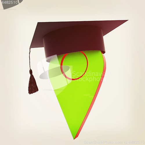 Image of Geo pin with graduation hat on white. School sign, geolocation a