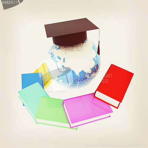 Image of Earth of education with books around and graduation hat. Global 
