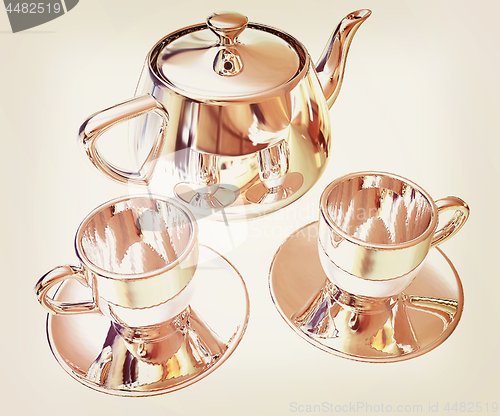 Image of Chrome Teapot and mugs. 3d illustration. Vintage style