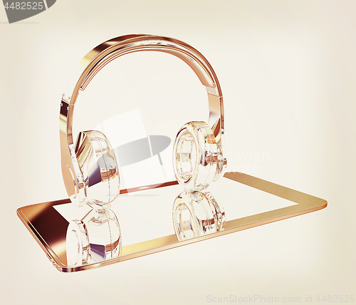 Image of Smartphone with headphones. Chrome icon. 3d illustration. Vintag