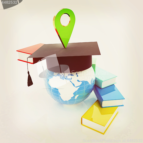 Image of Books around the Earth and pointer. Education and navigation con
