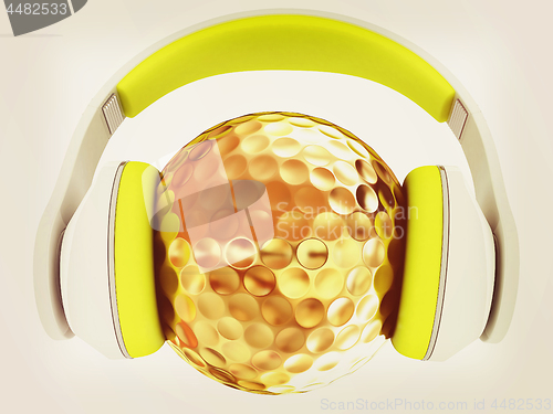 Image of Gold Golf Ball With headphones. 3d illustration. Vintage style