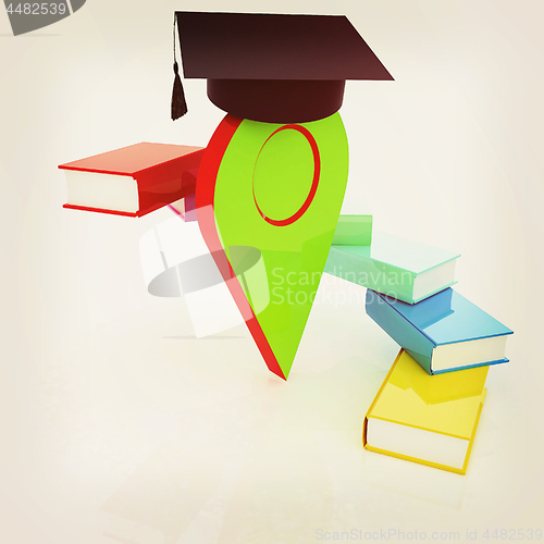 Image of Pointer of education in graduation hat with books around. 3d ill