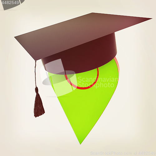 Image of Geo pin with graduation hat on white. School sign, geolocation a