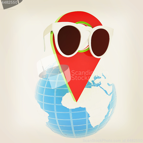 Image of Glamour map pointer in sunglasses on Earth. 3d illustration. Vin