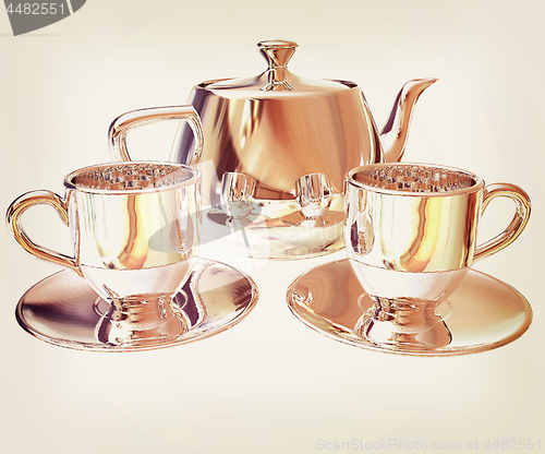 Image of Chrome Teapot and mugs. 3d illustration. Vintage style