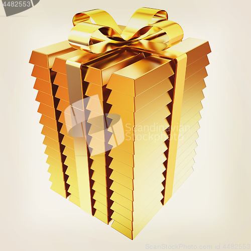 Image of Stacked Gold Bars with gold Ribbon. 3d illustration. Vintage sty