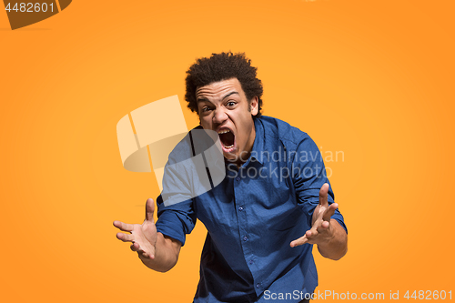 Image of The young emotional angry man screaming on orange studio background