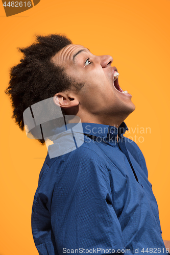 Image of The young emotional angry man screaming on orange studio background