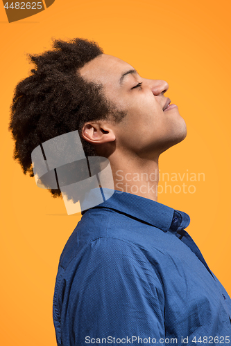 Image of The happy business man standing and smiling against orange background.